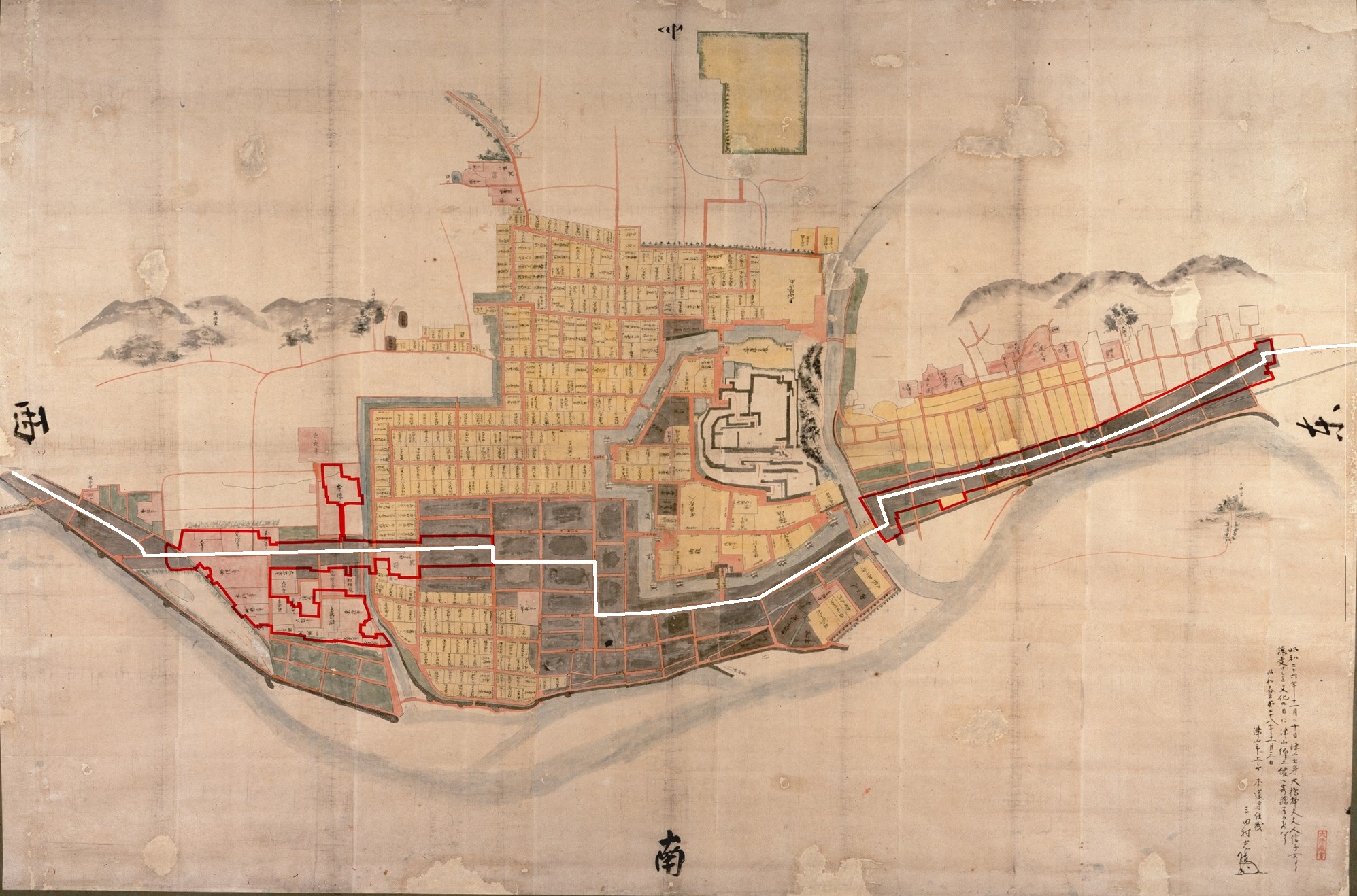 江戸時代の津山城下町の町割り。出雲往来沿いに2つの重伝建保存地区は形成されています。