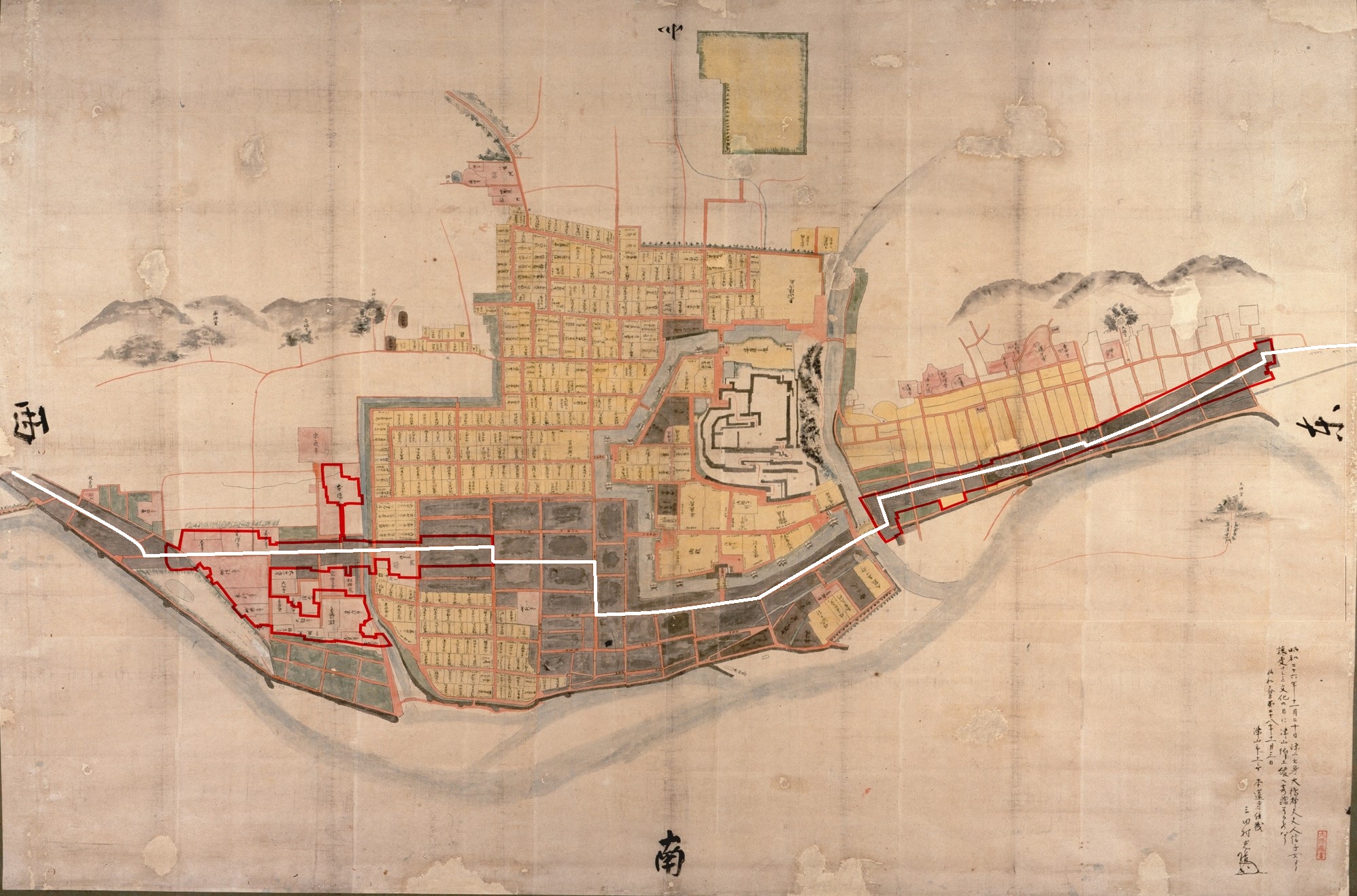 江戸時代の津山城下町の町割り。出雲往来沿いに２つの重伝建保存地区は形成されています。