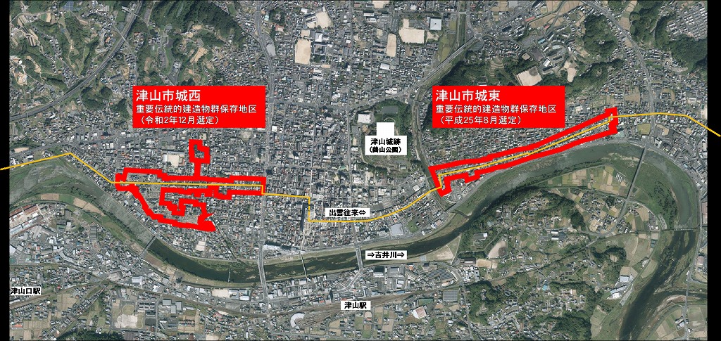津山市にある、城東・城西２つの重要伝統的建造物群保存地区の位置図。津山城を挟んで東西に位置する城下町です。